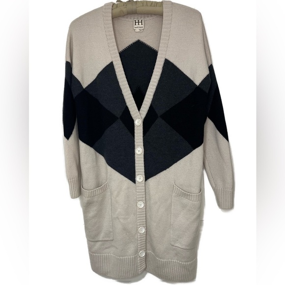 HAUTE HIPPIE Merino Wool ARGYLE CARDIGAN SWEATER Long Line Sz L - Picture 2 of 10
